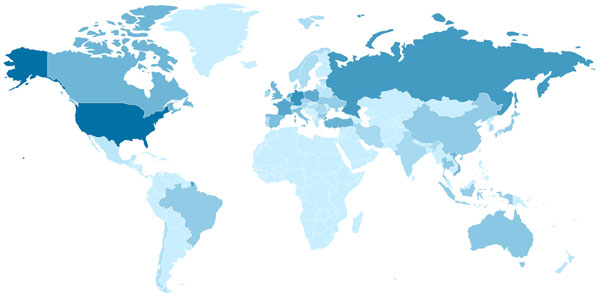 Geographic distribution of infected servers in the larger botnet. Darker blue means more infected servers.
