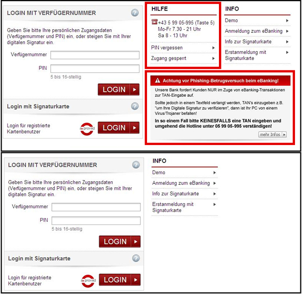 Content removal using a webinject. Top: login page as seen on a clean system. Bottom: login page as seen on a compromised system (warnings removed).