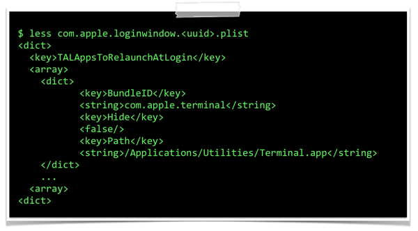 Plist entry of a re-launched application (terminal.app).