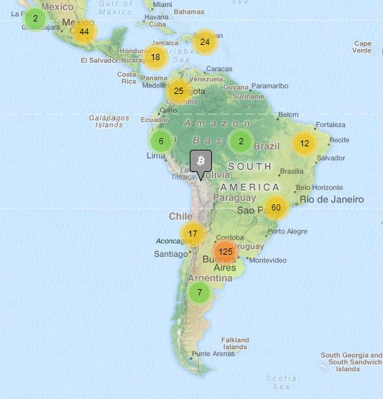 Adoption of bitcoin in Latin America, with Argentina listing 132 merchants accepting payment in this currency.