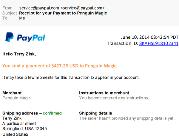 Is this a real message from PayPal about my recent purchase of magic supplies?