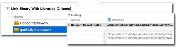 Linking in a @rpath’d dylib and specifying the run path search paths.