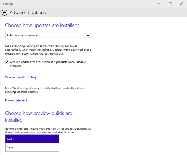 Windows 10 Enterprise Technical Preview Build 9926 showing ‘fast’ and ‘slow’ release channels.