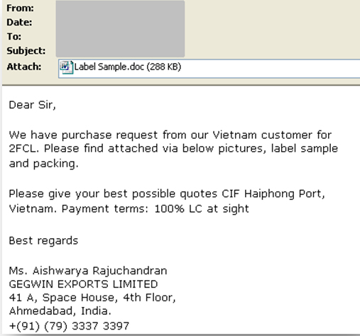 The email messages used the theme of purchase requests.