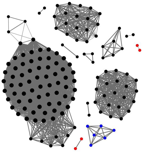 Each node (circle) represents a malware sample, and each edge (line/curve) represents an ssDeep comparison result greater than zero.