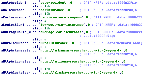 Wowlink randomly chooses one of the hard-coded searchers and one of many hard-coded keywords.