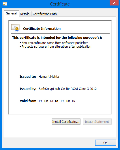 Malware using certificate issued to Hemant Mehta.
