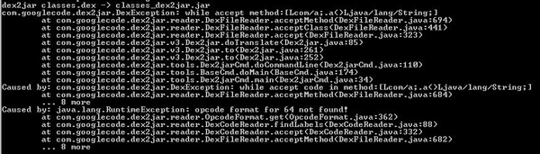 Error on dex2jar decompilation of file.